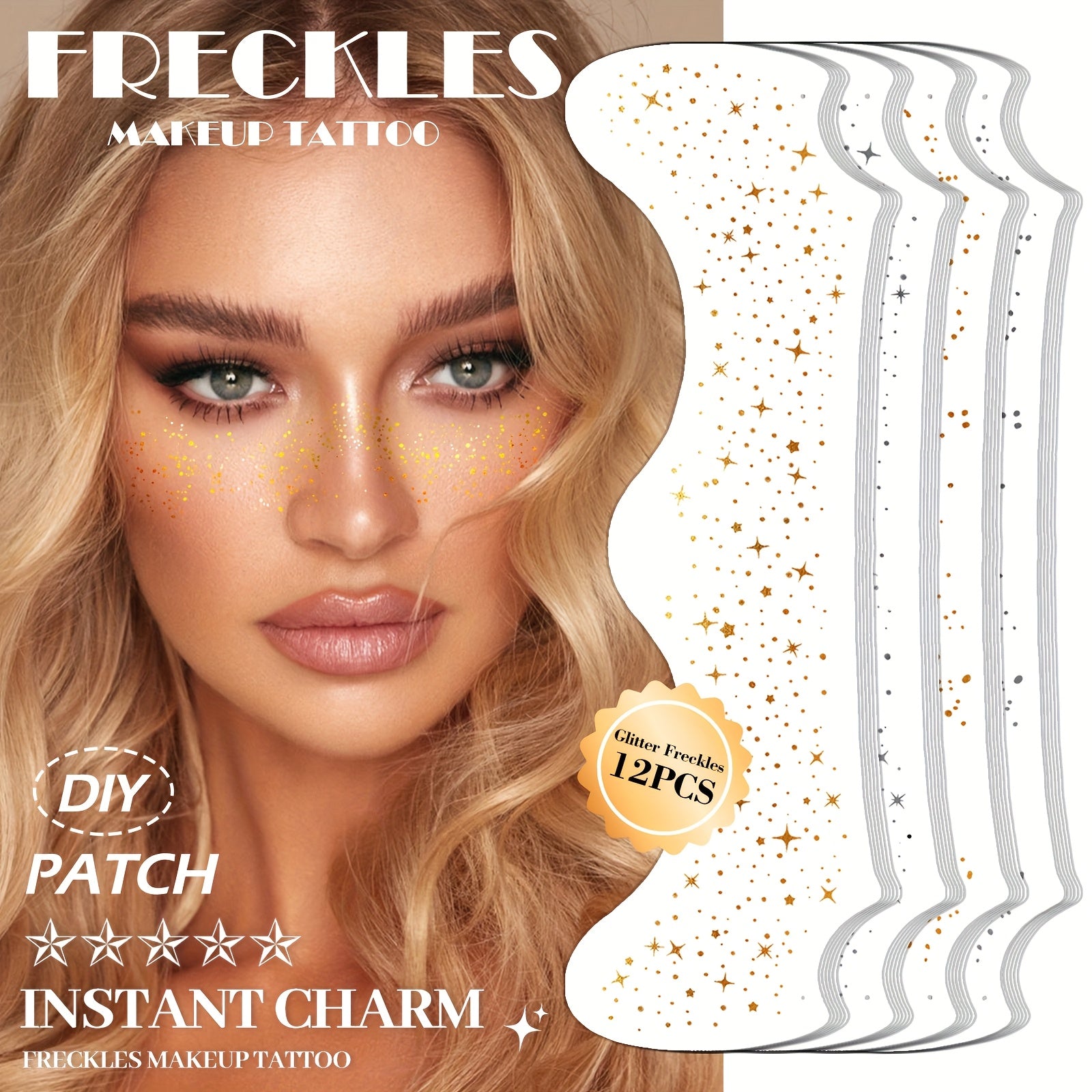 12pcs Freckle Face Stickers Golden and Silvery Combination Suitable for Christmas Gift Party Makeup Facial Glitter Patch