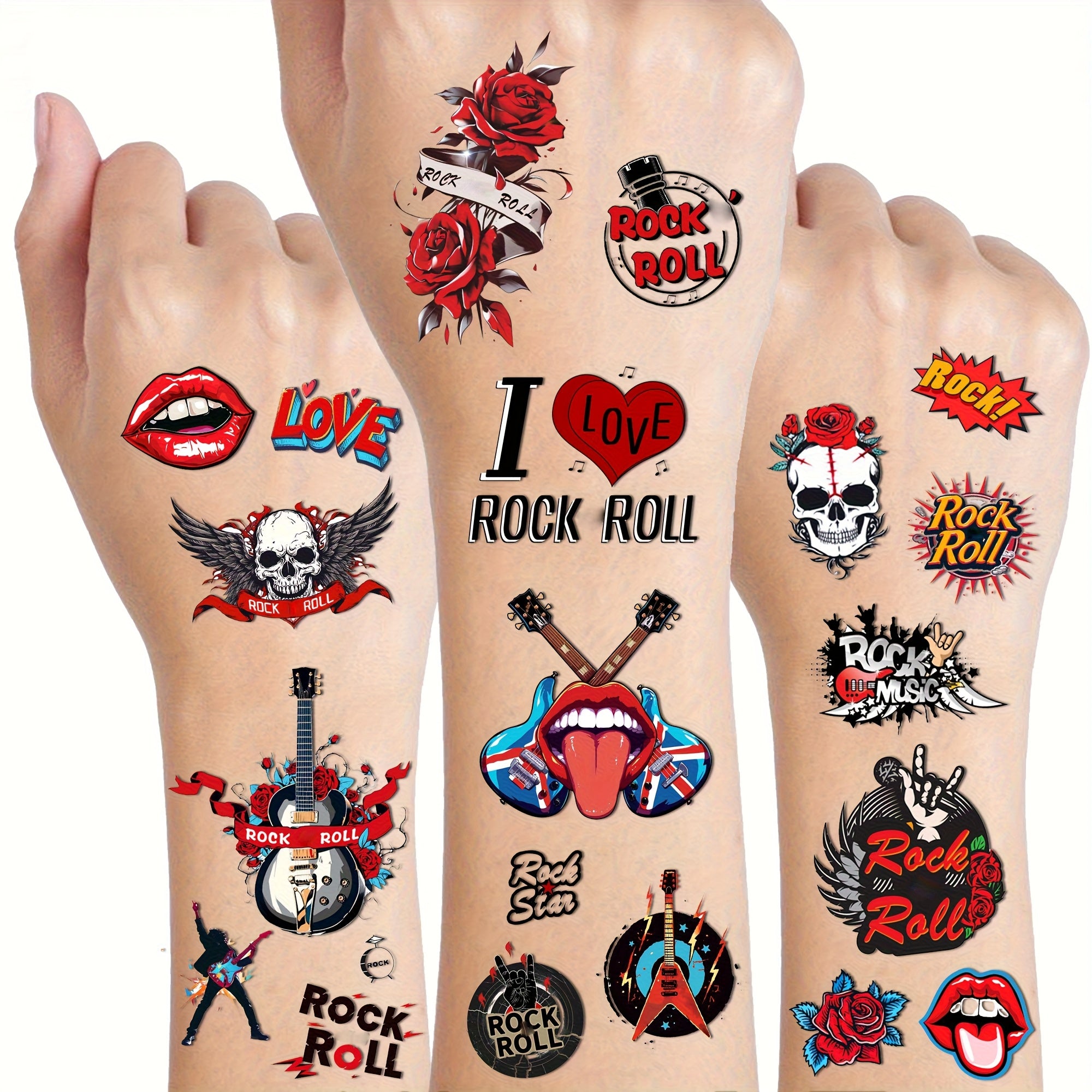 50 Designs Rock Roll Temporary Tattoos MusicThemed Fake Tattoos with Roses Guitars Wings Skulls for Bachelor Party Favors Concerts Festivals Vibrant Body Art Stickers Punk Rock Stickers Music Themed Stickers Highquality Prints