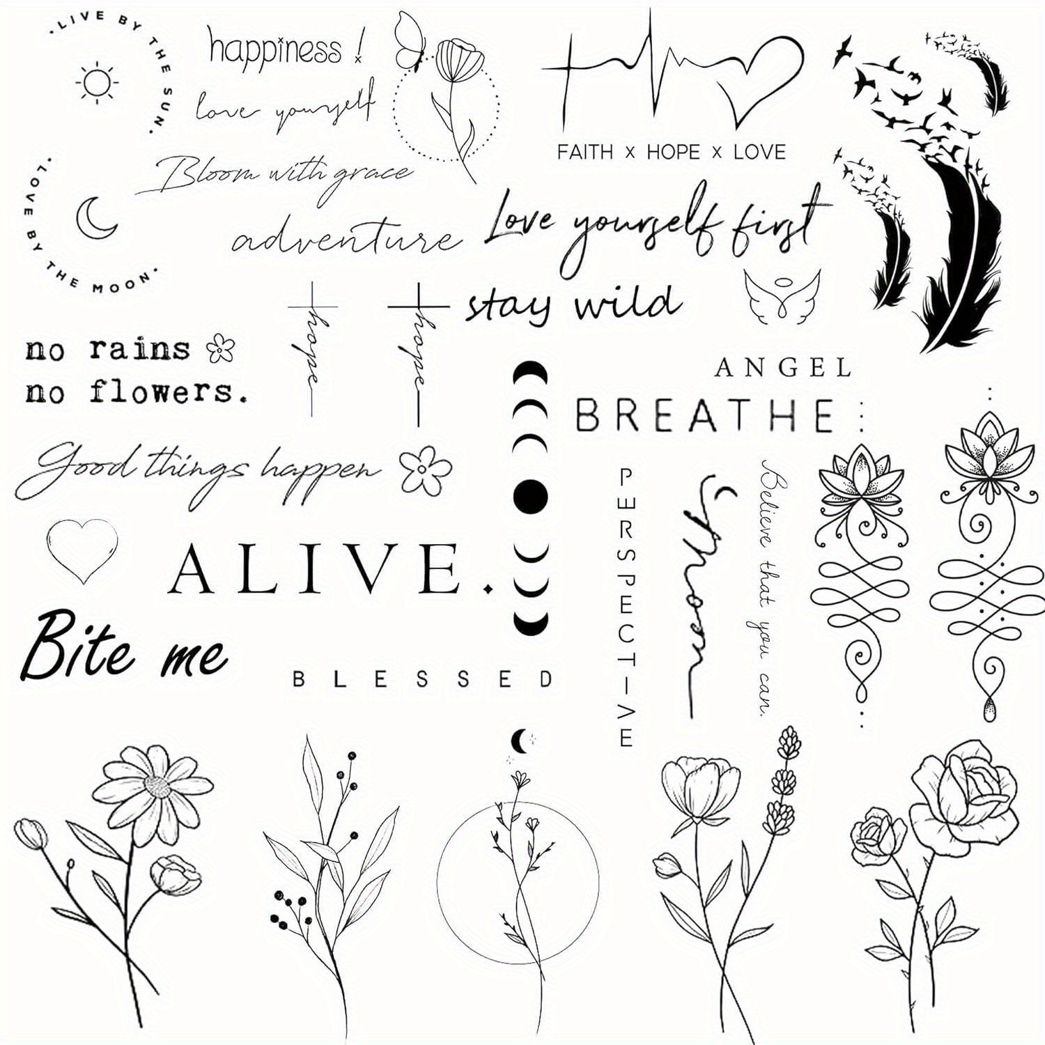 20pcs Realistic Temporary Tattoos for Women Black White Inspirational Quotes Wildflower Designs with Happiness Love Yourself First Breathe Alive Motivational Body Art for SelfLove Positivity Style Selfloving Messages Feather Mot