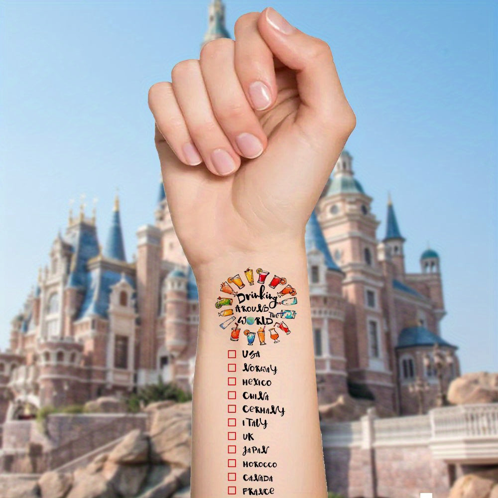 Pack of 14 Drink Around The World Tattoo Designs Colorful TravelThemed Beer Bottle Illustrations with Country Names Mexico Brazil India China Italy UK Germany France Belgium USA Temporary Tattoo Stickers for Travel Enthusiasts Global Cul