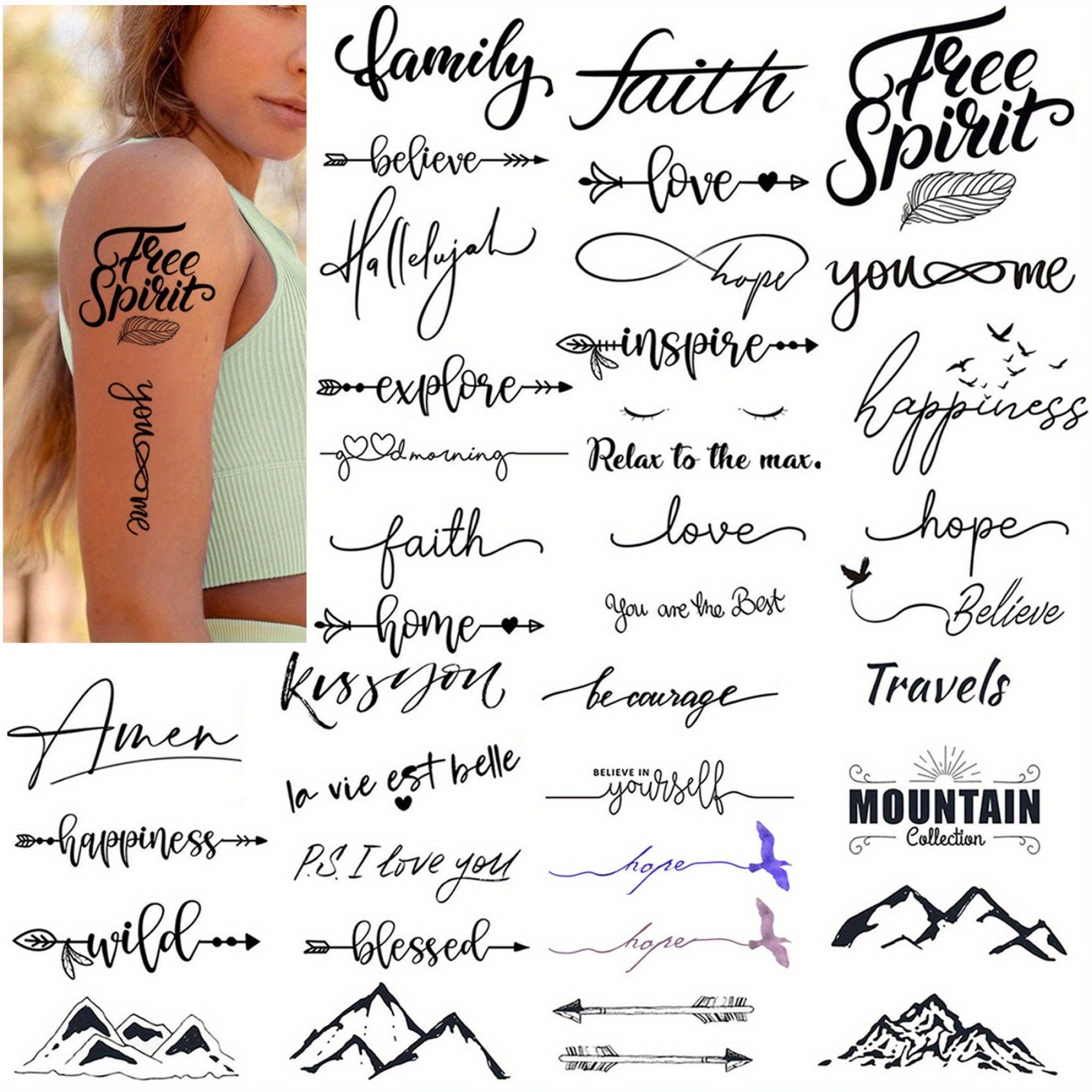15 Sheets Realistic Temporary Tattoos Faith Words Motivational Words Small Fake Tattoos for Women Men Adults
