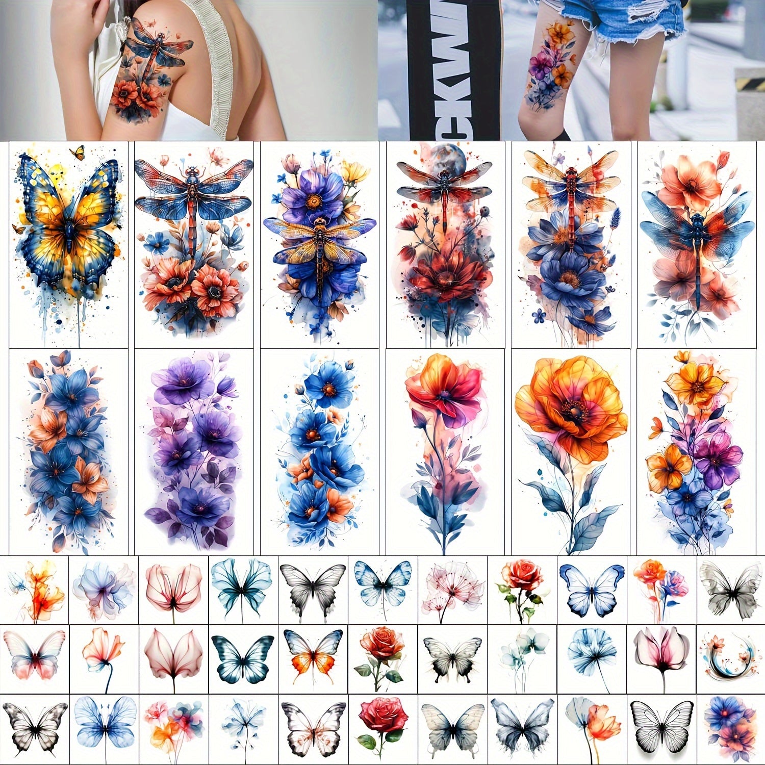 Valentines Day 12 Large Size 33 Small Size Womens Watercolor Tattoo Stickers Flower Butterfly Dragonfly Design 3D