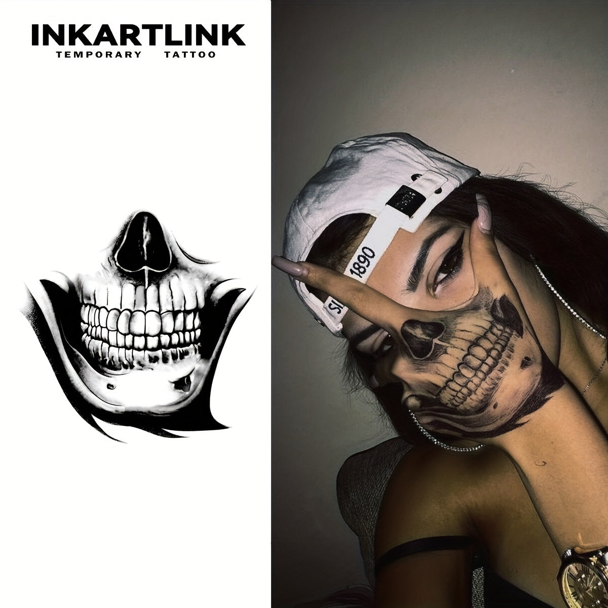 INKARTLINK SemiPermanent Skull Tattoo Stickers Waterproof Realistic Look PlantBased Ink Oblong Shape Black White Skull Design for Face or Body Art