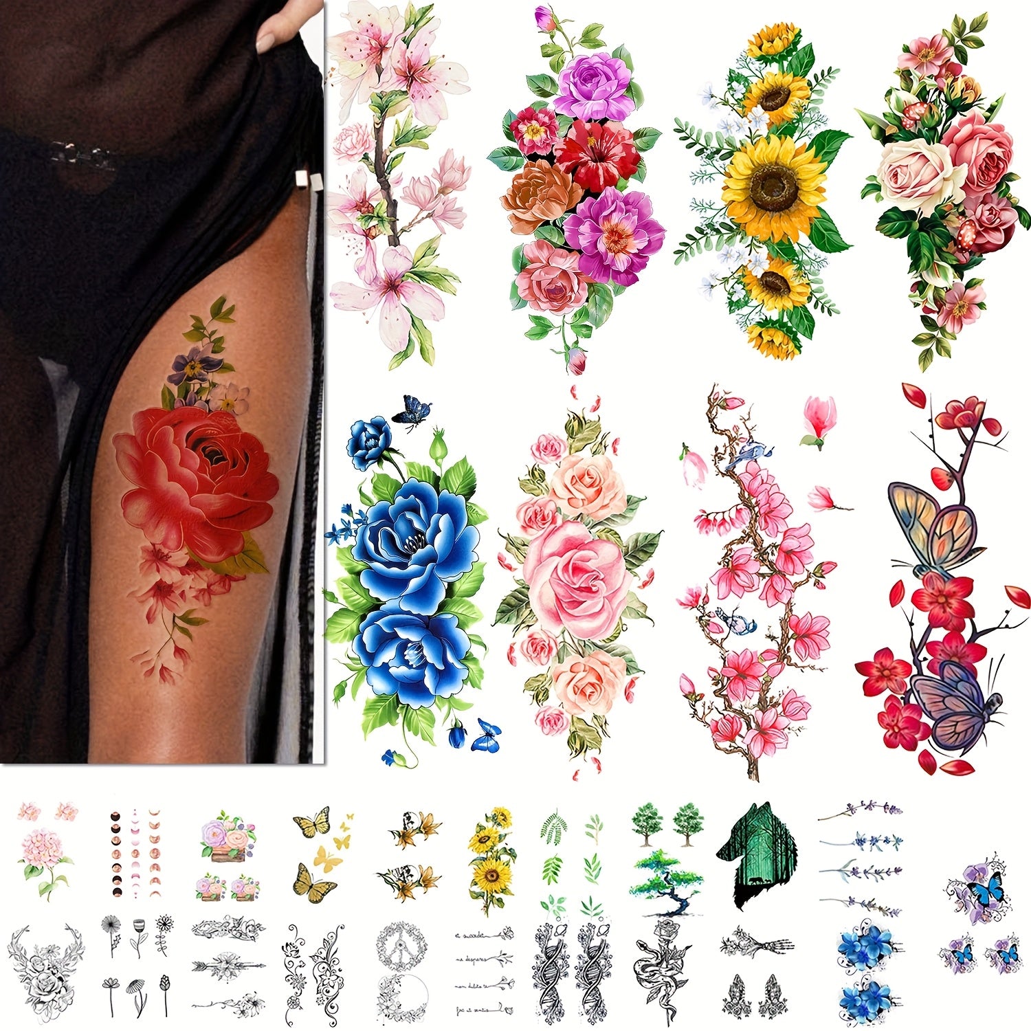 10 Large Realistic Flower Thigh Tattoo with Lots of Small Watercolor Temporary Tattoos Half Sleeve Tattoo Arm Tattoo Floral Gifts Flower Themed Fake Tattoo for Women Party Favors Colored Mixed Style Body Art