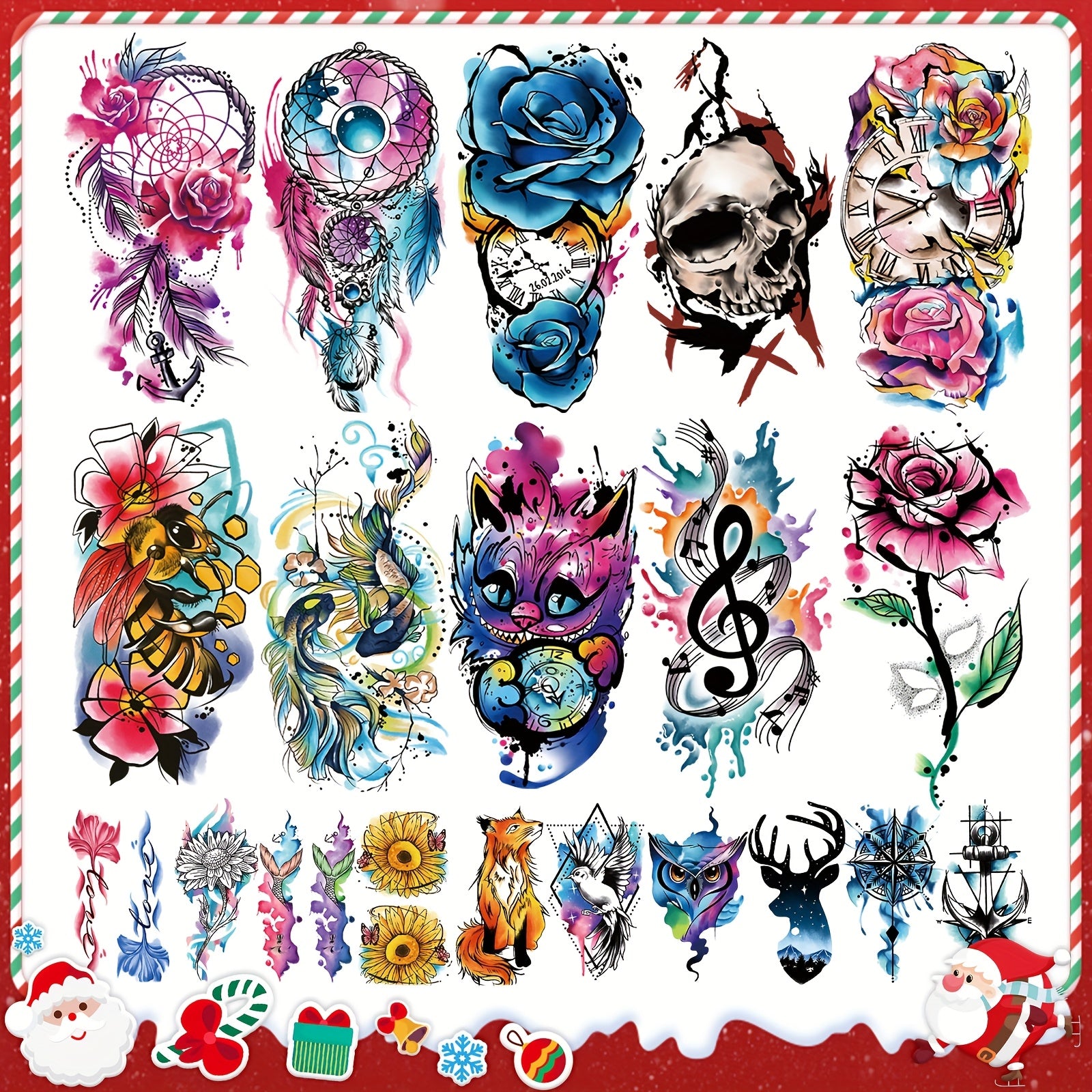 77 Sheets Watercolor Temporary Tattoos Colorful Waterproof Oil Painting Style Fake Tattoo Sticker With Wasp Clock Butterfly Rose Peony Skull Wings Design for Christmas