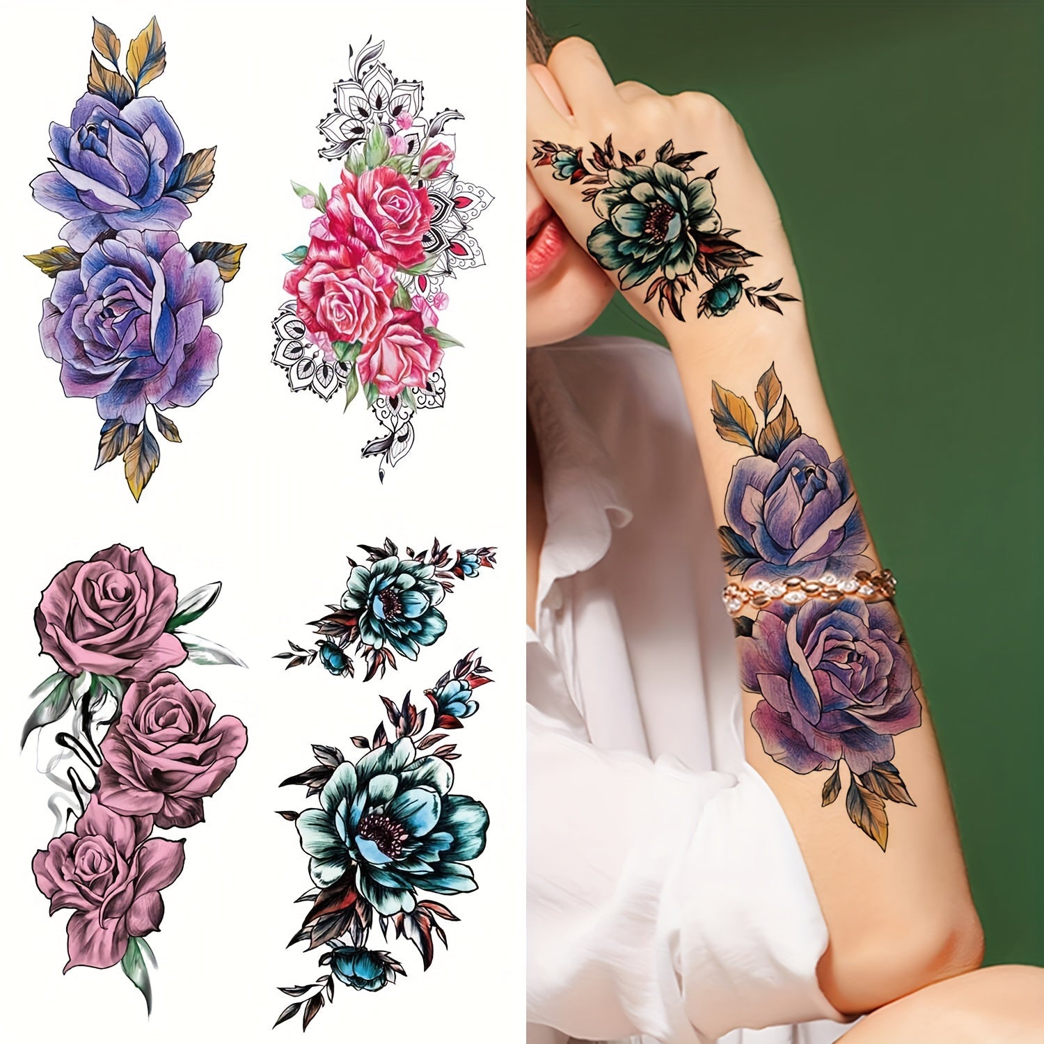 18pcs Realistic Floral Temporary Tattoos for Women Large 3D Flower Designs LongLasting Waterproof Vibrant Blue Roses Pink Hydrangeas Purple Anemones More Perfect for Body Arms Chest Shoulders Thighs Parties Weddings Festivals Event Ta