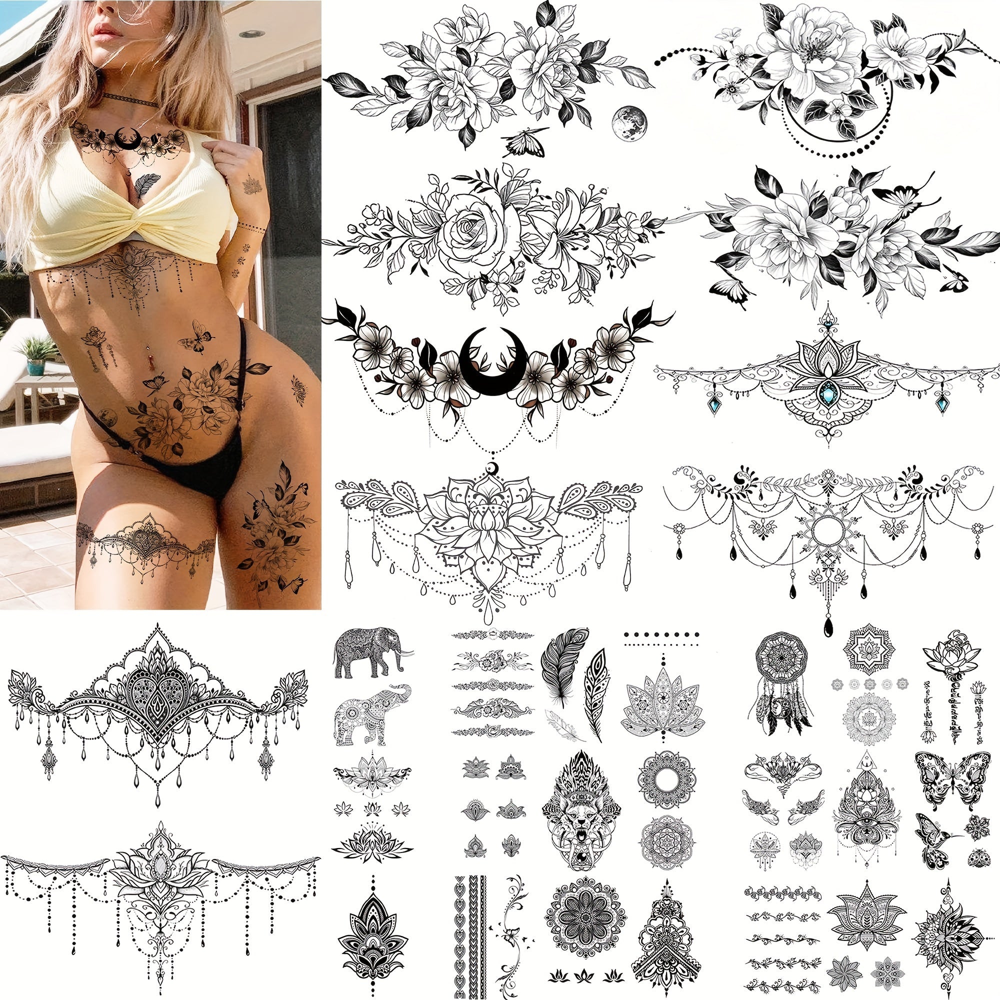 60pcs Temporary Tattoos for Women Realistic Black White Body Art Stickers with 10 Large Designs Floral Celestial Geometric Safe Underboob Neck Fake Tattoos for Parties Festivals Beach Easy Apply Remove