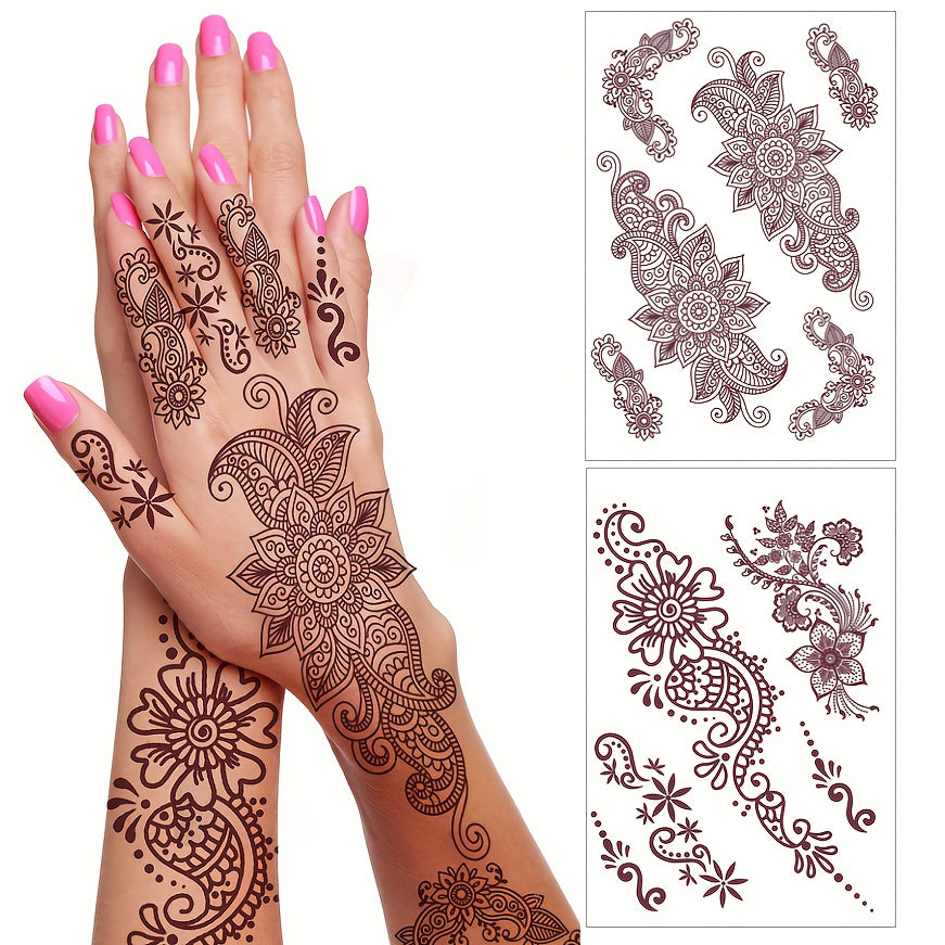 2pcs Brown Lace Floral Mandala Waterproof Finger Flower Pattern Womens Tattoo Sticker Finger Arm Hand Back Body Art Decoration Temporary Fake Tattoo Suitable for Festival Party Wedding Makeup Performance MultiScene Design