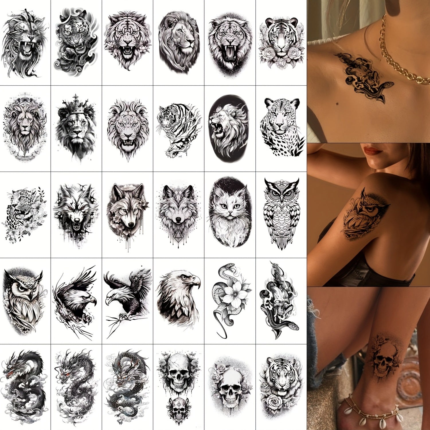 30 Sheets FTVLTAT Waterproof Temporary Tattoos Variety Pack with Cats Dragons Tigers Owls More Realistic Animal Flower Designs for Arms Legs Body Perfect for Parties Creative Body Art Faux Body Art