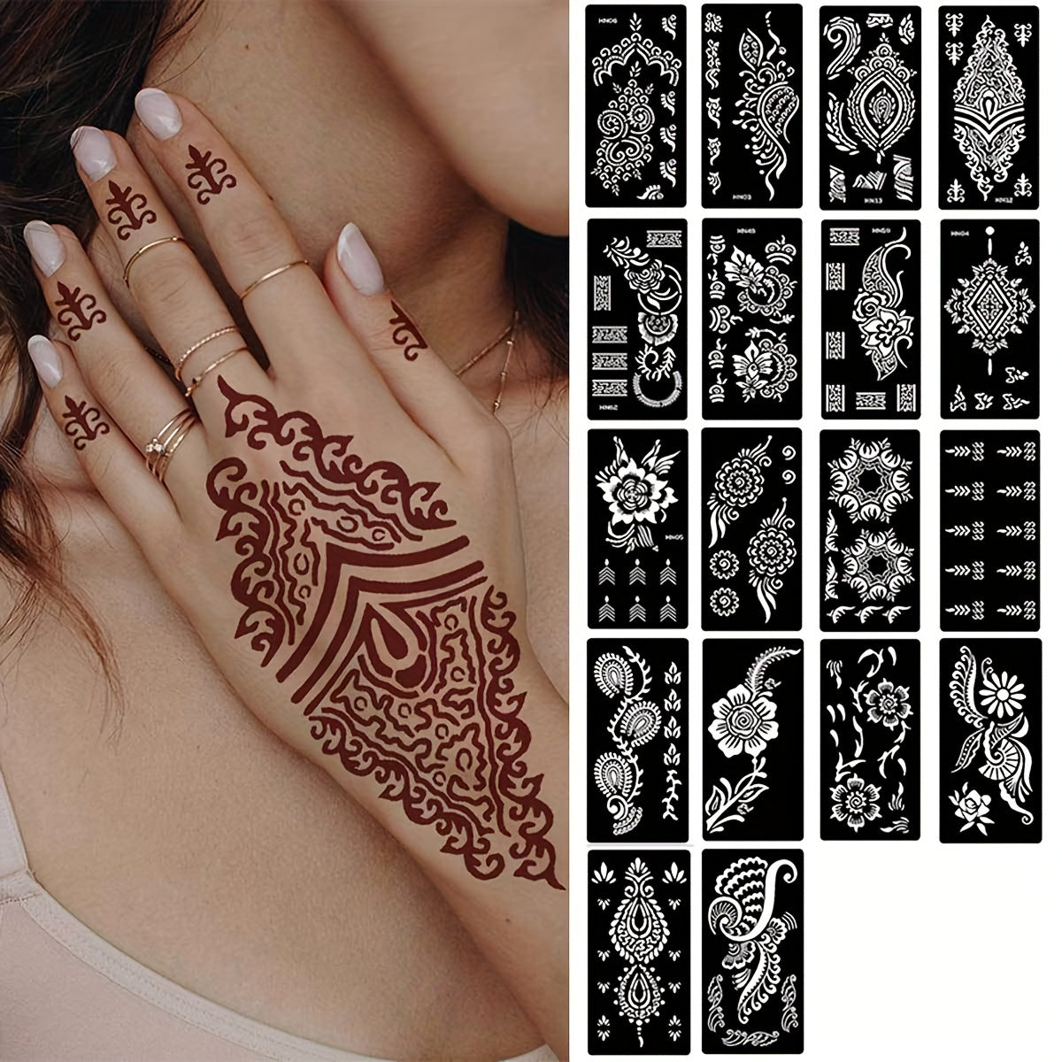 9 Reusable Temporary Henna Tattoo Templates for Arms Hands Navels Chests Legs Large Flower Tattoo Supplies Stone Glitter Airbrush Painting Templates for DIY Fake Tattoos for Parties