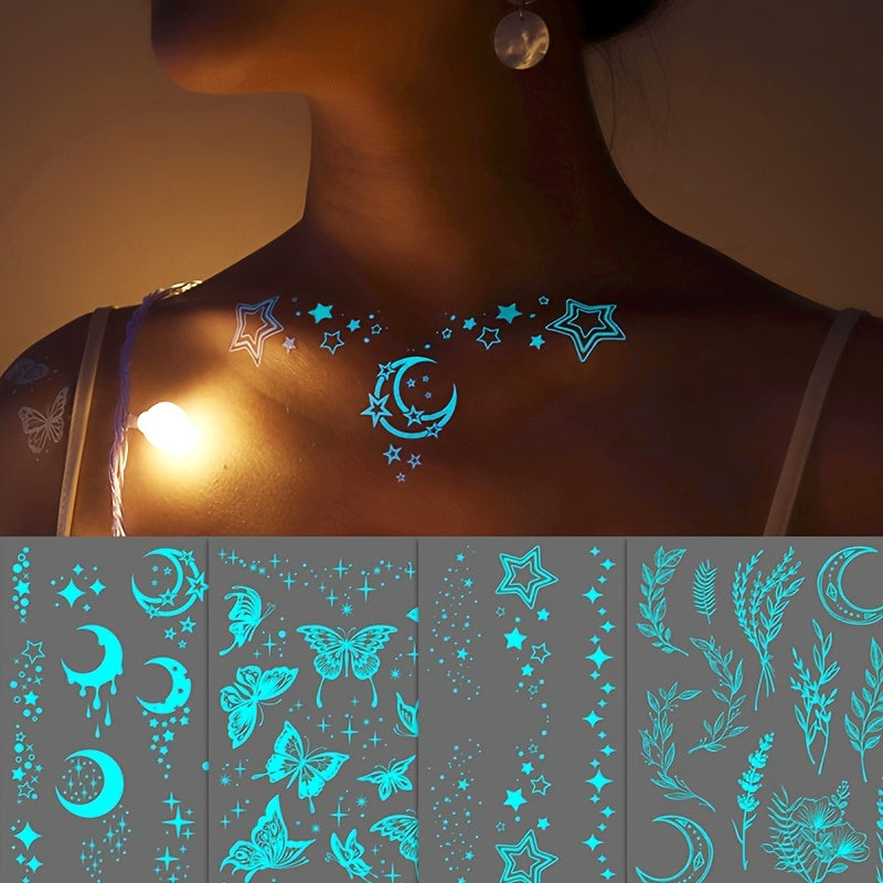 4 Sheets GlowintheDark Tattoo Stickers Moon Stars Butterfly Flower Designs for Women Luminous Face Body Art for Weddings Nightclubs Music Festivals Parties Perfect for Eid Gifts Decor