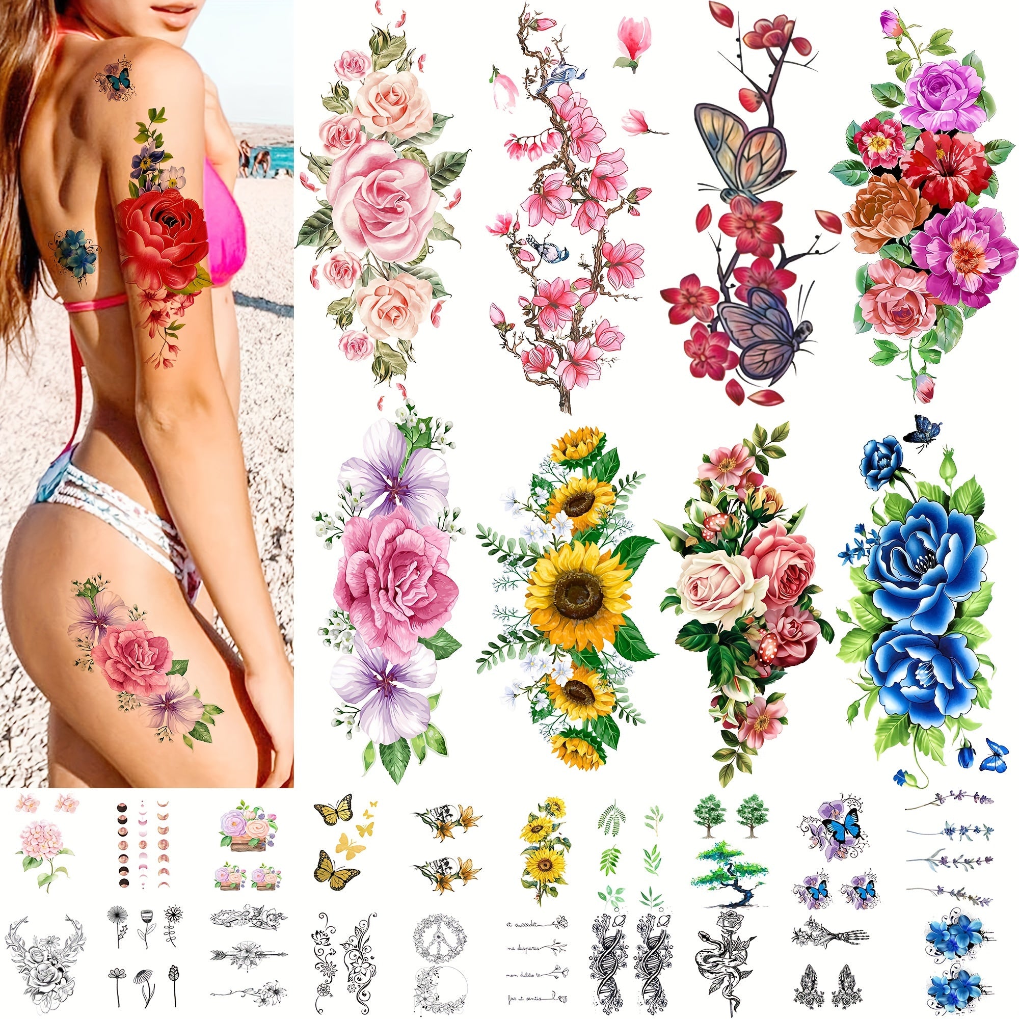 60 Pieces Mixed Floral Temporary Tattoos for Women Watercolor Flower Butterfly Variety Pack SemiPermanent Arm Sleeve Tattoo Set Safe NonToxic Fake Tattoos for Girls Party Favors Gift Idea