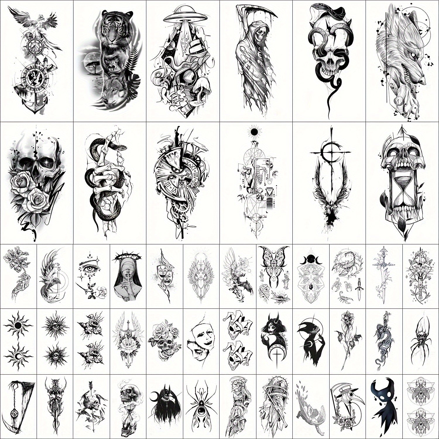 GLARYYEARS Temporary Tattoo for Men 48pcs 12 Large 36 Small Fake Tattoos Longlasting Realistic Tattoo Stickers Cool Skull Snake Death Designs for Adults Women Black Body Half Arm Tattoos