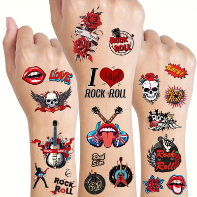 50 Designs Rock Roll Temporary Tattoos  MusicThemed Fake Tattoos with Roses Guitars Wings  Skulls for Bachelor Party Favors Concerts Festivals  Vibrant Body Art Stickers Punk Rock Stickers Music Themed Stickers Highquality Prints