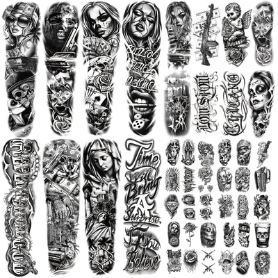 46 Sheets Black Full Arm Temporary Tattoo Gangster Fake Tattoo Stickers Long Lasting Waterproof Realistic Street Punk Thugs Painting Style Art Temporary Tattoo for Men Women