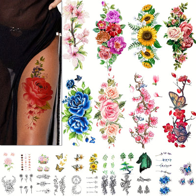 10 Large Realistic Flower Thigh Tattoo with Lots of Small Watercolor Temporary Tattoos  Half Sleeve Tattoo Arm Tattoo Floral Gifts Flower Themed Fake Tattoo for Women Party Favors Colored Mixed Style Body Art