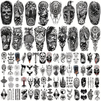77 Sheets YAZHIJI Temporary Tattoo Stickers for Women  Men  17 Sheets Scary Lion Wolf Tiger Skull Gothic Designs 60 Sheets Tribal Tiny Fishhook Style HalfArm Body Art Fake Tattoos for Adults 18 Black