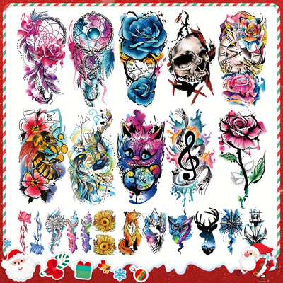 77 Sheets Watercolor Temporary Tattoos Colorful Waterproof Oil Painting Style Fake Tattoo Sticker With Wasp Clock Butterfly Rose Peony Skull Wings Design for Christmas