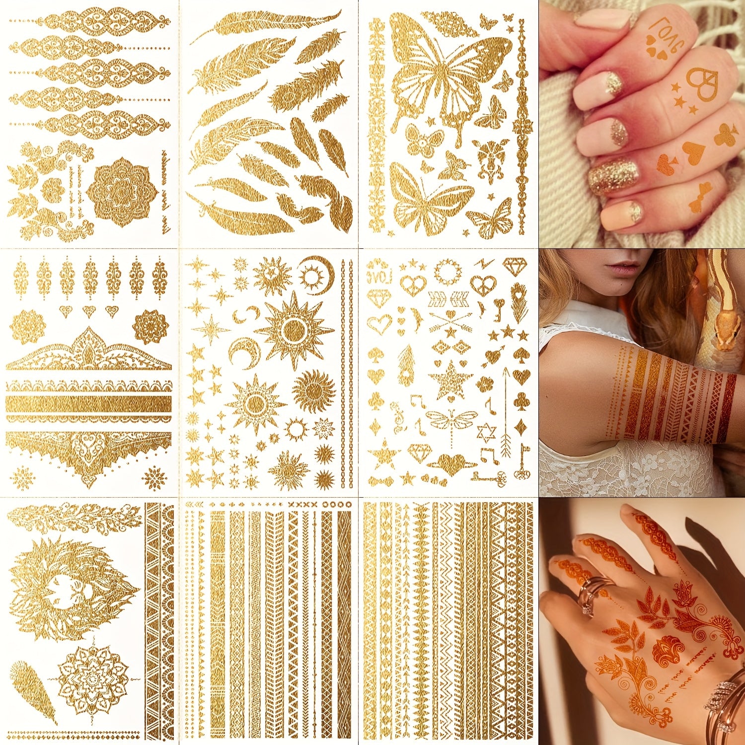 FTVLTAT 9 Sheets Golden Metallic Temporary Tattoo Stickers For Women Bohemian Vintage Glitter Designs With Lace Feathers Butterflies Mandalas Tribal Patterns For Body Art Perfect For Parties Daily Body Makeup Decoration Party Accessories