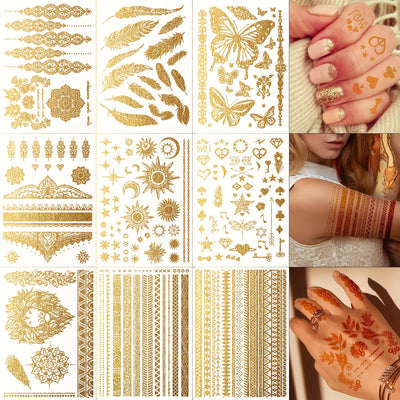 FTVLTAT 9 Sheets Golden Metallic Temporary Tattoo Stickers For Women Bohemian Vintage Glitter Designs With Lace Feathers Butterflies Mandalas Tribal Patterns For Body Art Perfect For Parties Daily Body Makeup Decoration Party Accessories