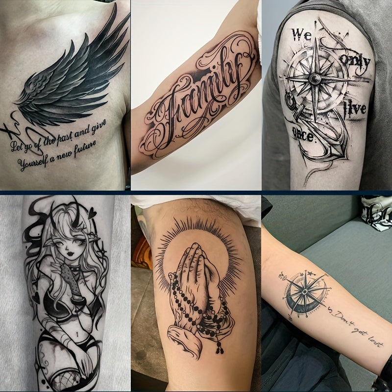 6 Large Herbal Tattoo Stickers Lasting 715 Days Waterproof And Frictionresistant Realistic Effect Suitable For People Who Do Not Want To Tattoo Pain Including Compass Wings Anchors And Other Elements