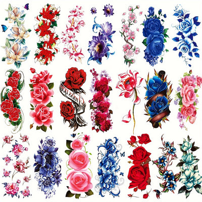 21 Sheets Flower Temporary Tattoos for Women Adults Waterproof LongLasting 3D Bright Floral Tattoo Stickers Rose Peach Blossom Realistic Chrysanthemum Various Tattoo Flower Temporary Fake Tattoos Party Daily Body Art Design Decoration