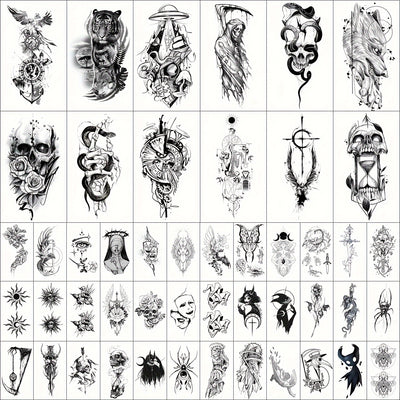 GLARYYEARS Temporary Tattoo for Men 48pcs 12 Large 36 Small Fake Tattoos Longlasting Realistic Tattoo Stickers Cool Skull Snake Death Designs for Adults Women Black Body Half Arm Tattoos